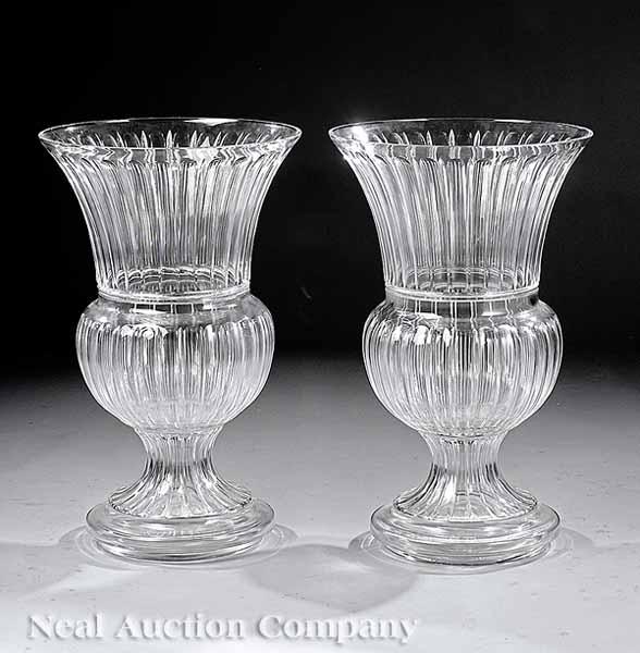 Appraisal: A Pair of Large Baccarat-Style Glass Urns flared rim above