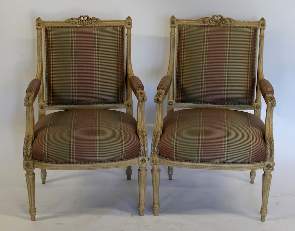 Appraisal: Pair of Finely Carved Louis XVI Style Arm Chairs From