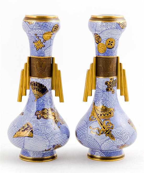 Appraisal: Unusual pair Royal Worcester porcelain vases dated bottle-form vessels decorated