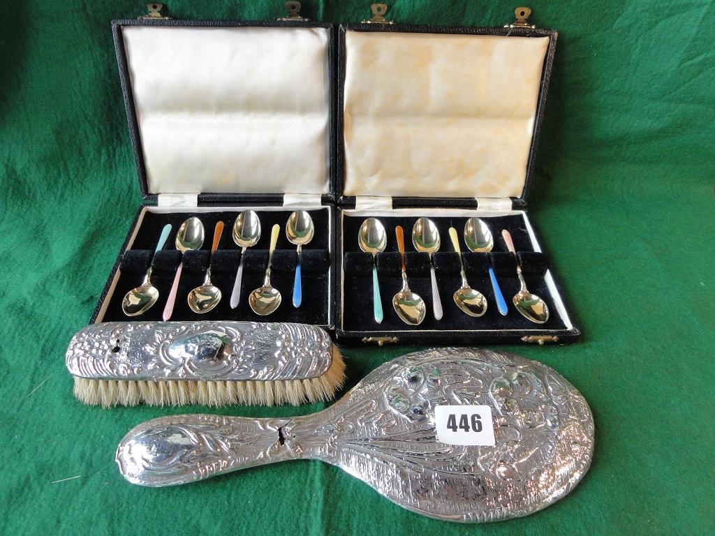 Appraisal: Two boxed sets of six matching enamel silver teaspoons and