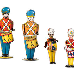 Appraisal: Four Tin Lithograph Windup Toy Soldiers with Drums th Century