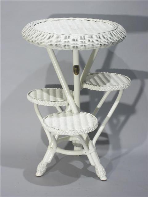 Appraisal: WHITE WICKER PLANT STAND Tiered with brass plaque reading 'The