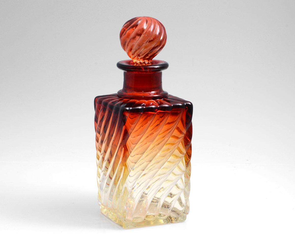 Appraisal: BACCARAT AMBERINA ROSE DECANTER Swirl glass square form with round