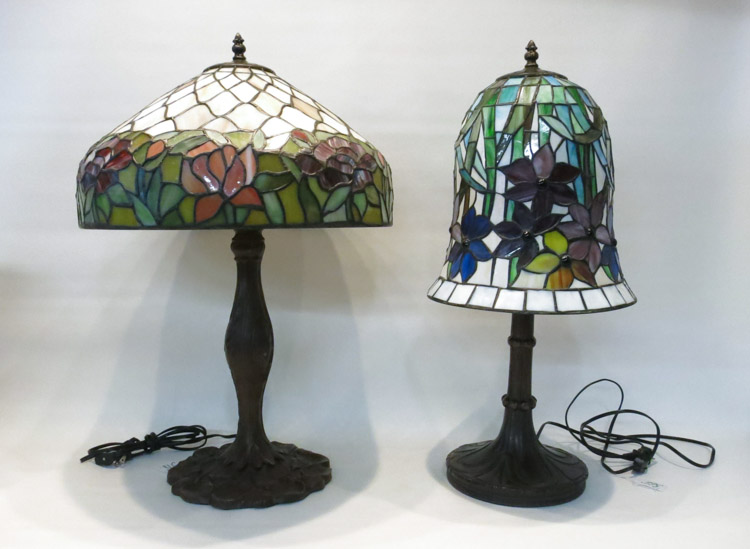 Appraisal: TWO TIFFANY STYLE LEADED AND STAINED GLASS TABLE LAMPS the