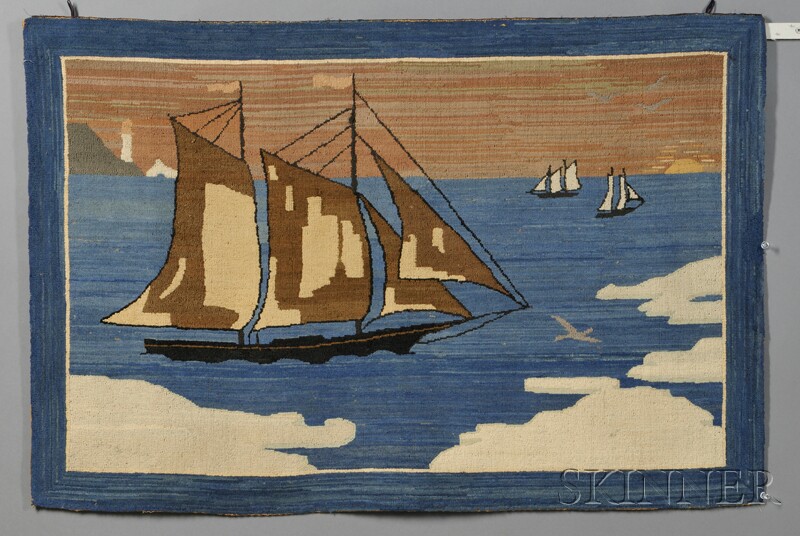 Appraisal: Grenfell Pictorial Hooked Rug with Arctic Sailing Vessels Icebergs and