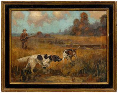 Appraisal: American sporting painting hunter with two dogs in a field