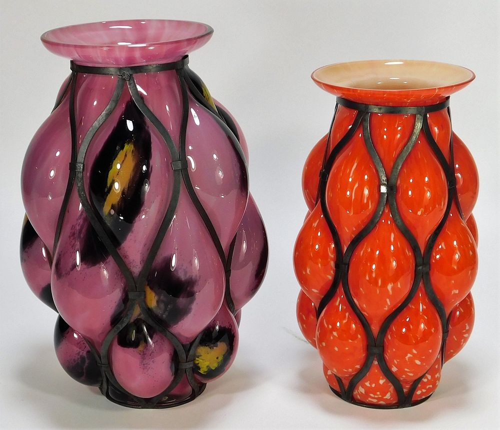 Appraisal: Kralik Bohemian Czech Caged Art Glass Vases Bohemia Early th