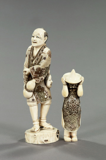 Appraisal: Two Japanese Carved Ivory Figures one a large Japanese Meiji