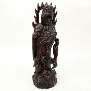 Appraisal: Large Modern Chinese Carved Wood Guanyin Figure with Attendants and