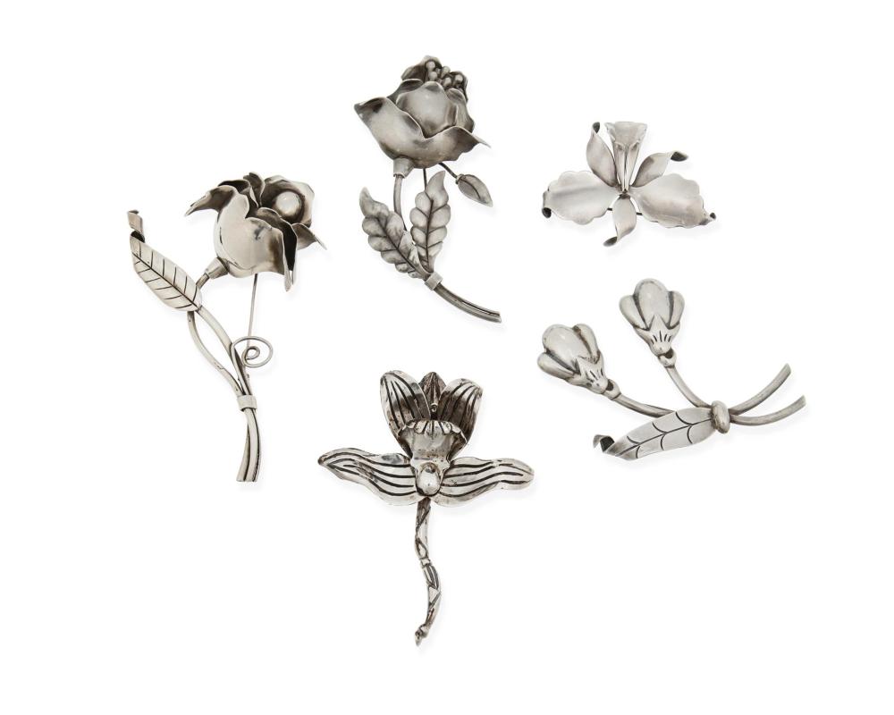 Appraisal: A group of Hector Aguilar floral brooches Circa Taxco Mexico