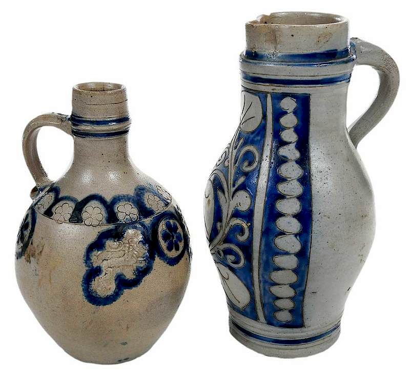 Appraisal: Westerwald Cobalt Decorated Bottle and Pitcher German mid to late