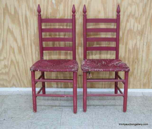 Appraisal: Pair of Red Painted Ladder Rush Bottom ChairsThis is vintage