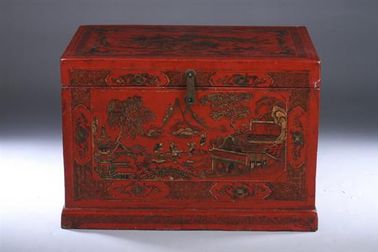 Appraisal: CHINESE RED LACQUERED ELM WOOD TRUNK mid Qing Dynasty circa