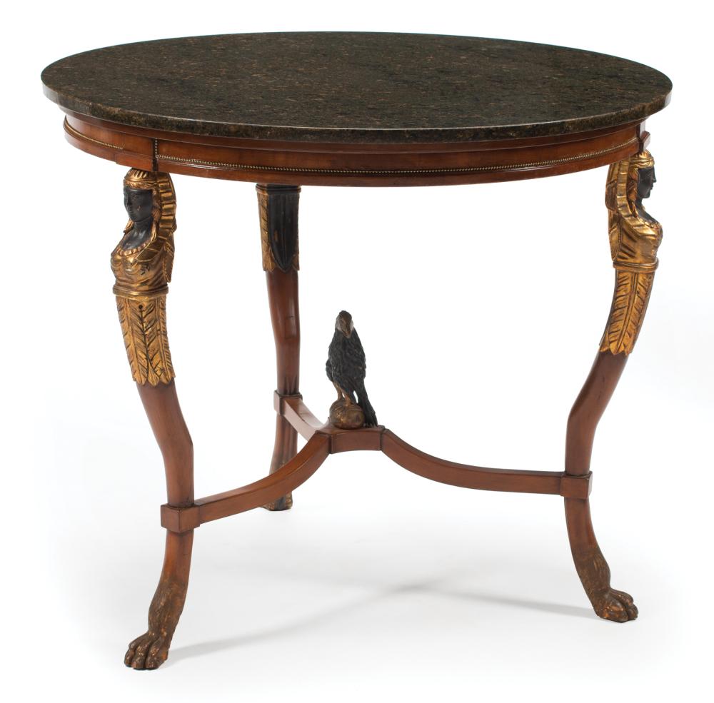 Appraisal: Empire-Style Parcel Gilt Fruitwood Center Table circular black marble top