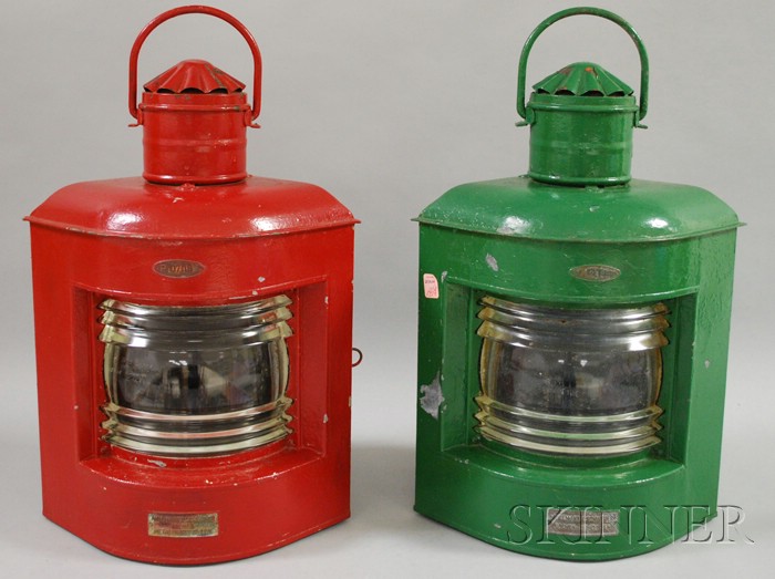 Appraisal: Pair of Painted Ahlemann Schlatter Metal Ship's Running Lanterns approx