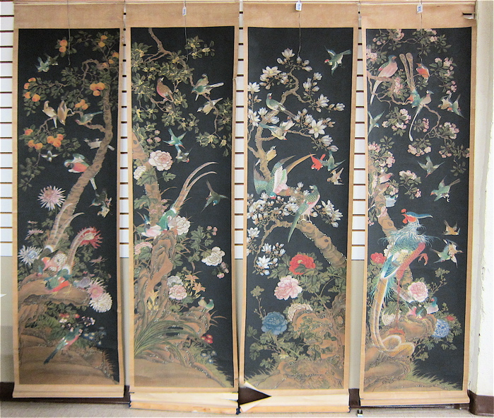 Appraisal: FOUR CHINESE SCROLLS depicting flowers and birds Images measure x