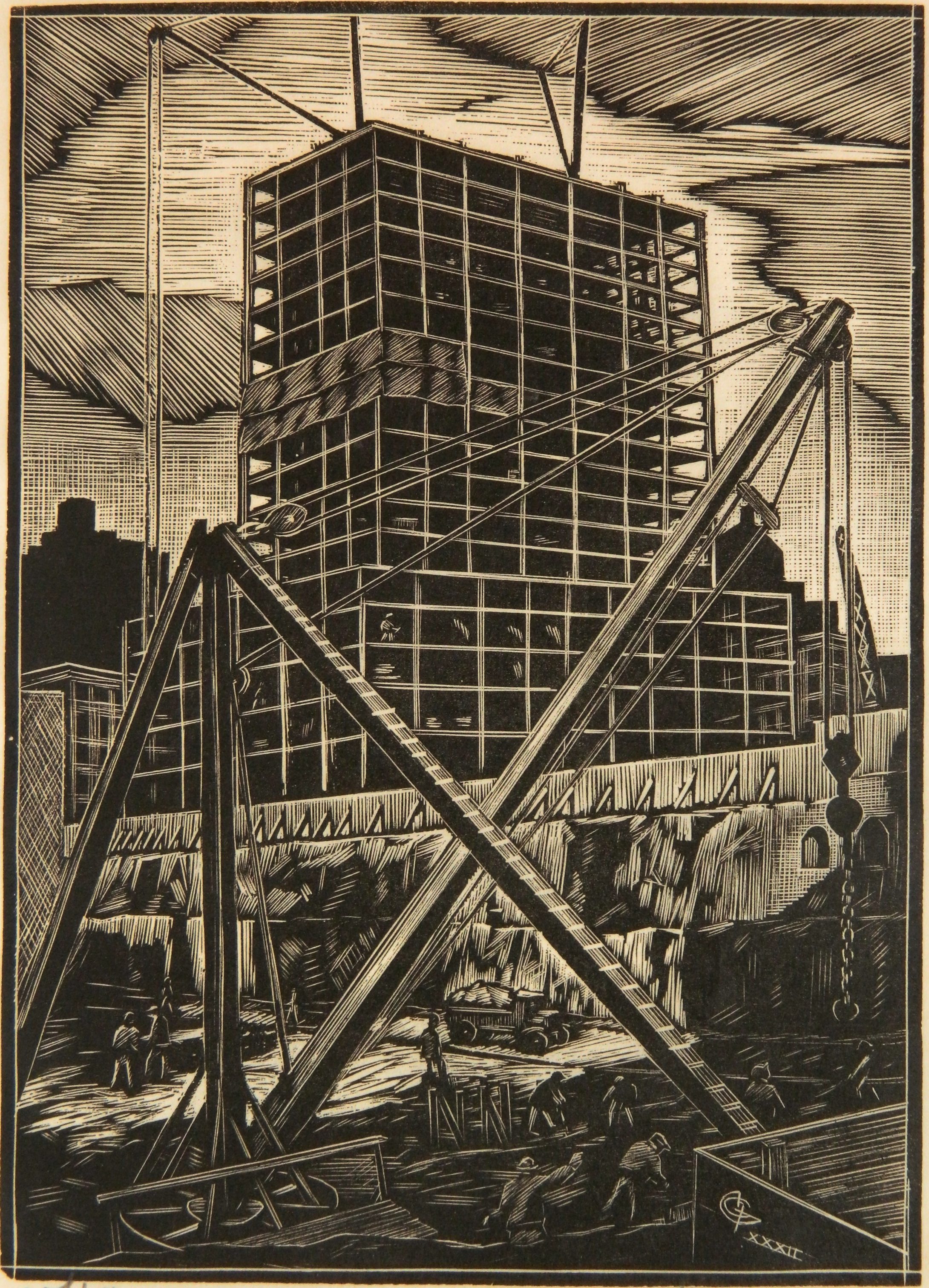 Appraisal: Hendrik Glintenkamp - ''Manhattan Construction- Radio City''- wood engraving signed