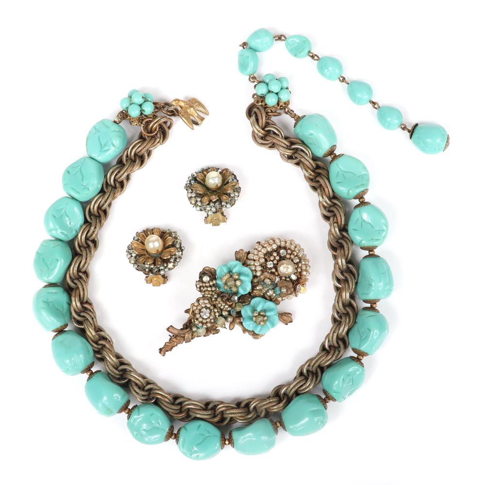 Appraisal: MIRIAM HASKELL -STRAND NECKLACE WITH DOUBLE CHAIN AND MOLDED TURQUOISE