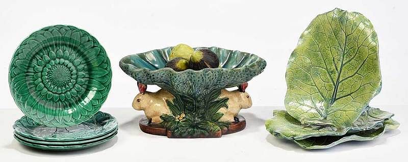 Appraisal: Majolica Rabbit Compote with Leaf Plates Fruit th century green