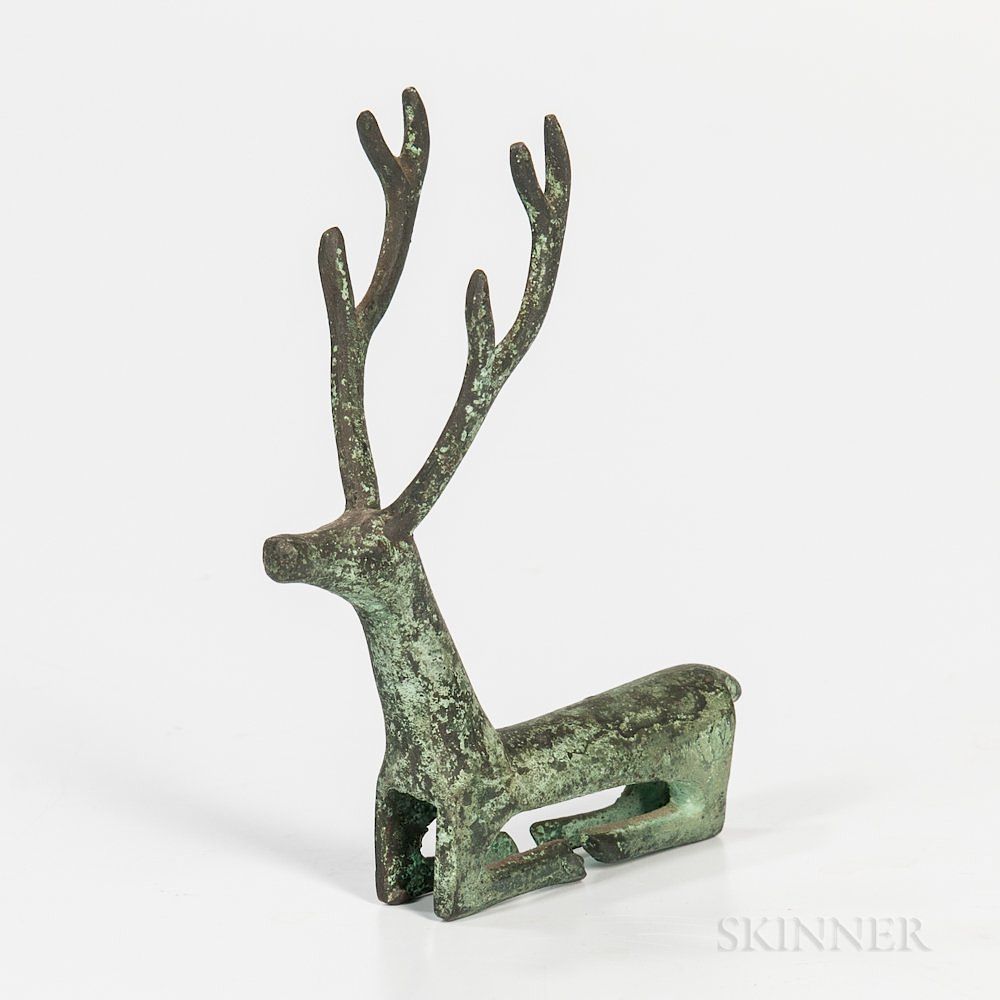 Appraisal: Bronze Stag Fitting Bronze Stag Fitting Luristan the animal recumbent