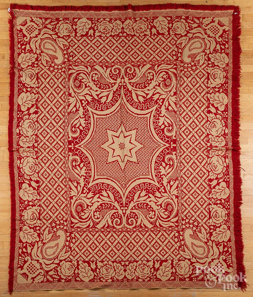 Appraisal: Pennsylvania red and white Jacquard coverlet Pennsylvania red and white