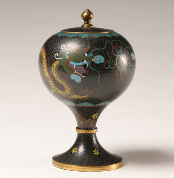 Appraisal: Cloisonne lidded vessel on pedestal dragon and geometric motif H