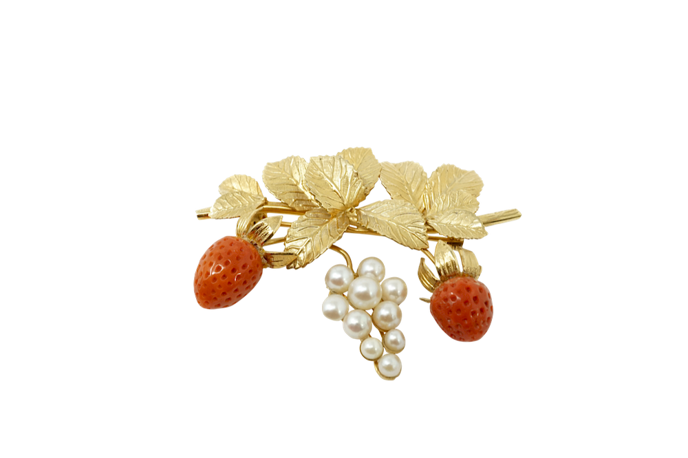 Appraisal: Fourteen Karat Yellow Pearl Coral Brooch Fourteen Karat Yellow Gold