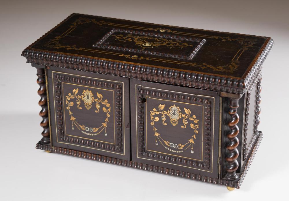 Appraisal: ENGLISH BLACK WALNUT INLAID DRESSER BOX with mother of pearl