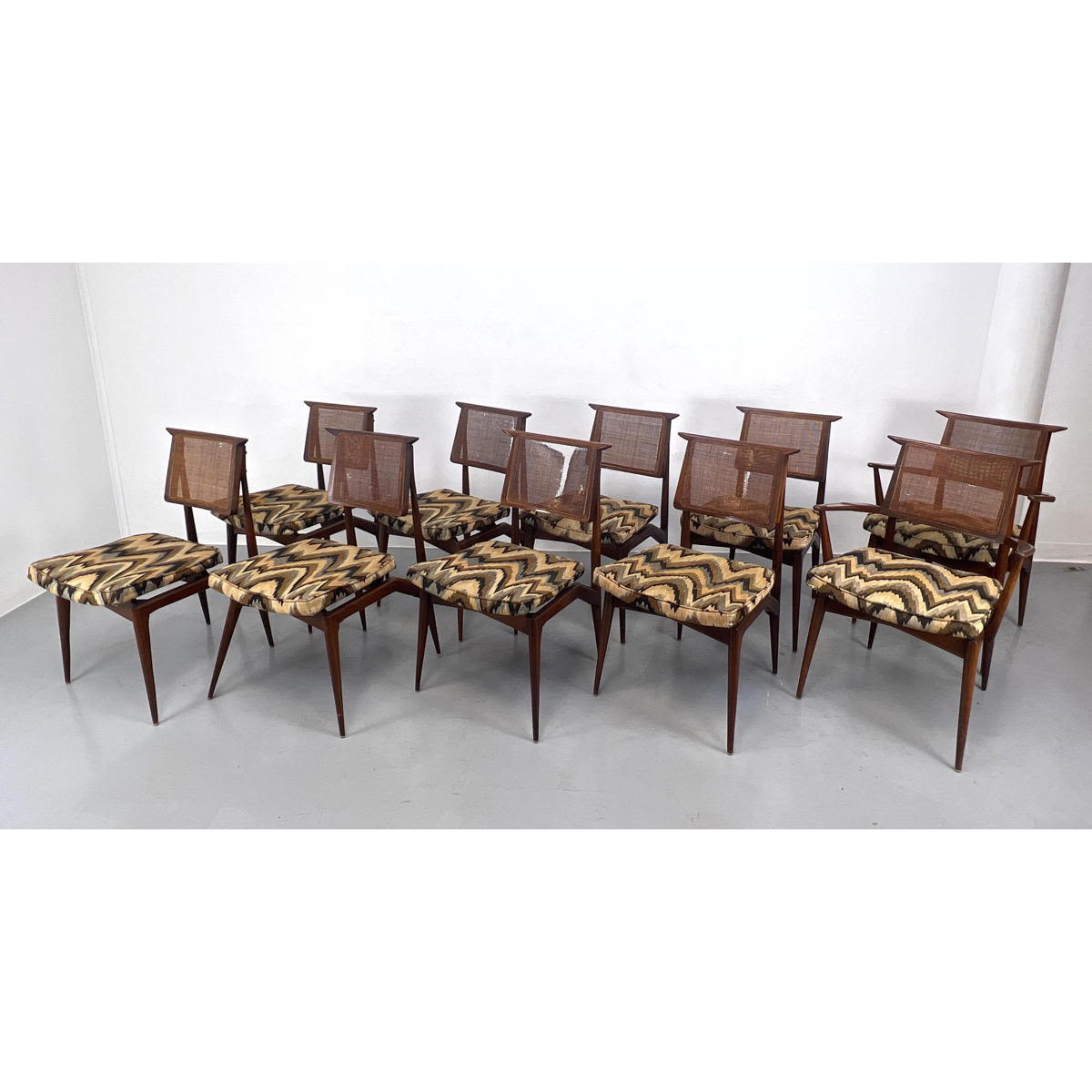 Appraisal: Set Modernist Dining Chairs Bargello Fabric Seats and Caned Backs