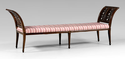 Appraisal: Regency style fruitwood hall bench pink-striped upholstery and cushions modern