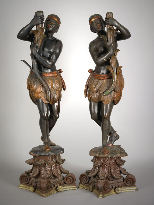 Appraisal: Pair of carved and painted blackamoor figures th c h