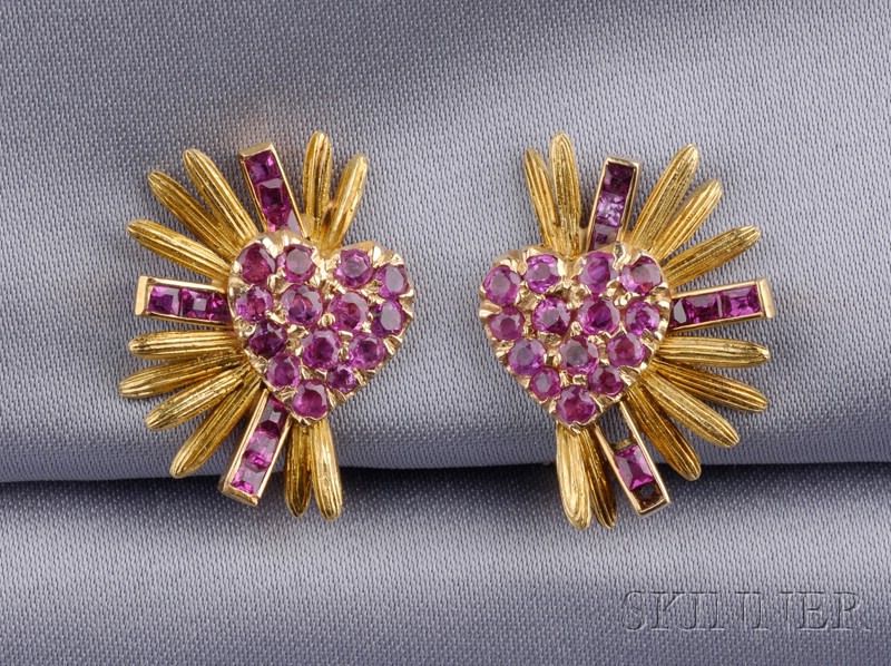 Appraisal: Ruby Heart Earclips Charles Vaillant c each heart pave-set with