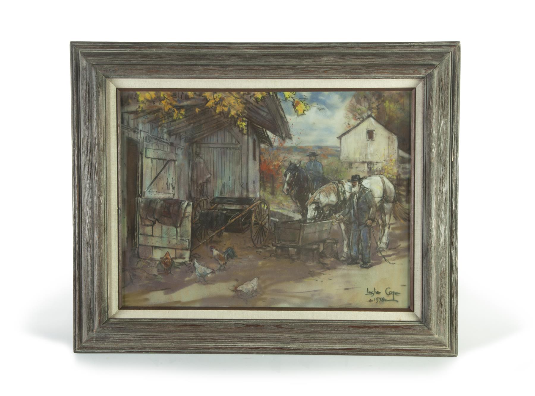 Appraisal: FRAMED PASTEL AMISH BARNYARD SCENE SIGNED LESLIE COPE - American