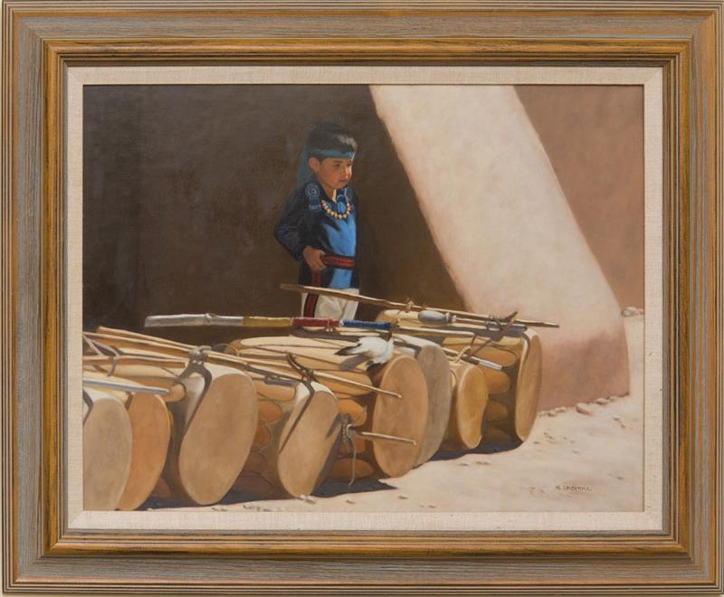 Appraisal: H UNDERHILL PUEBLO BOY WITH DRUMS Oil on board signed