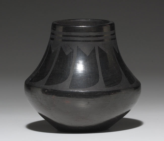 Appraisal: San Ildefonso olla flaring polished shape with a painted feather