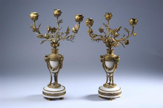 Appraisal: PAIR LOUIS XVI-STYLE DOR BRONZE AND MARBLE THREE-LIGHT CANDELABRA late