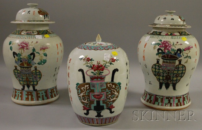 Appraisal: Three Chinese Porcelain Jars two baluster-form with covers each painted