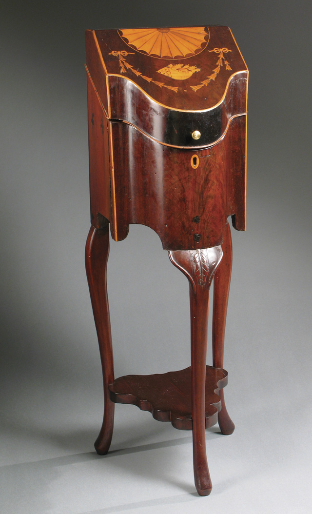 Appraisal: GEORGE III MAHOGANY AND MARQUETRY CUTLERY BOX ON LEGS English