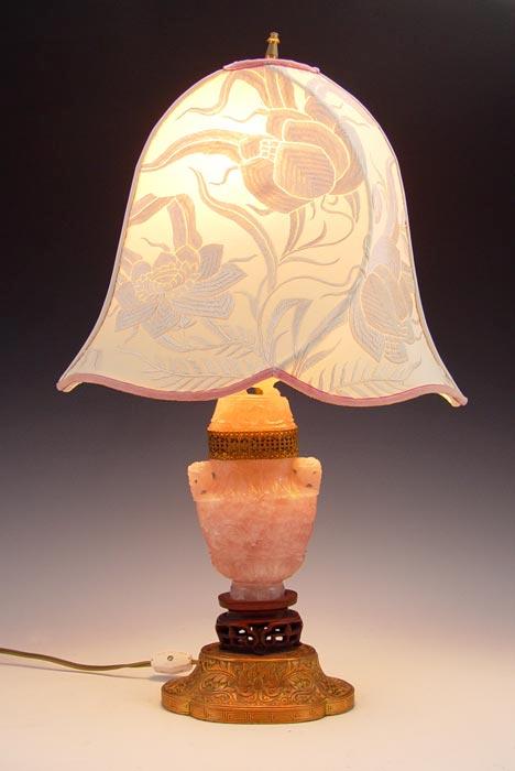 Appraisal: CHINESE CARVED PINK QUARTZ LAMP Covered jar mounted as a