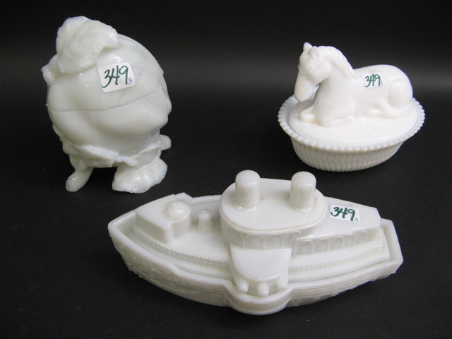 Appraisal: THREE WHITE MILK GLASS COVERED DISHES BOXES the Battleship Maine