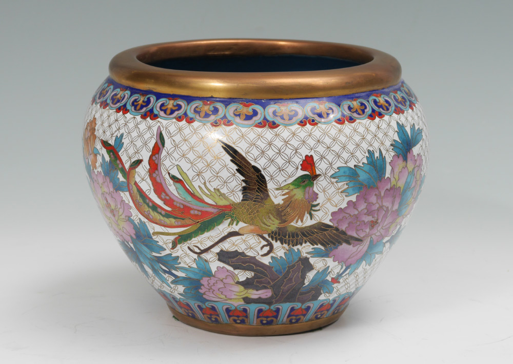 Appraisal: CHINESE BIRD MOTIF CLOISONNE BOWL White ground bird of paradise