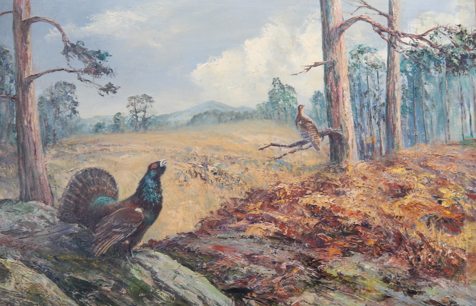 Appraisal: Peter L Oliver Black game in a woodland landscape oil