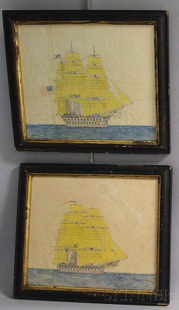 Appraisal: American School th Century Two Portraits of Ships at Sea