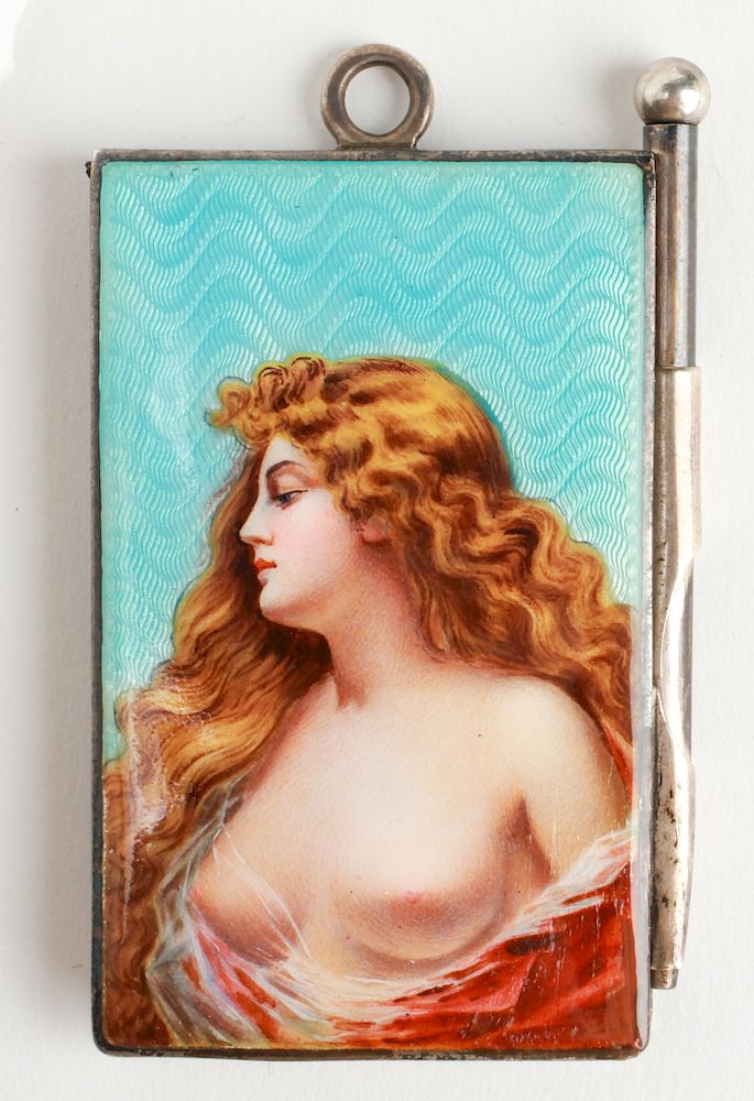 Appraisal: Silver Enamel Erotic Nude Woman Note Pad w Pencil English