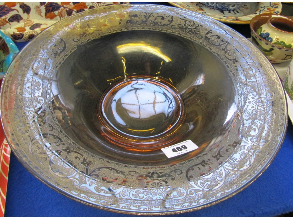 Appraisal: Large etched amber glass dish