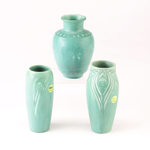 Appraisal: ROOKWOOD Three Production vases covered in matte green glaze one