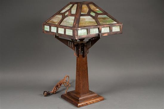 Appraisal: Arts and Crafts oak table lamp with slag glass and