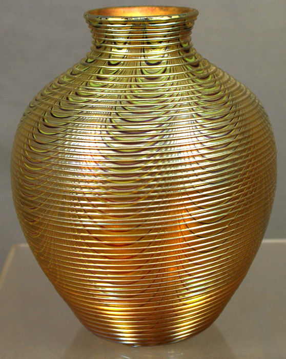 Appraisal: Contemporary art glass vase baluster green gold body with pulled