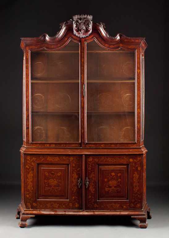 Appraisal: Dutch marquetry inlaid walnut glass panel two-part china cabinet th