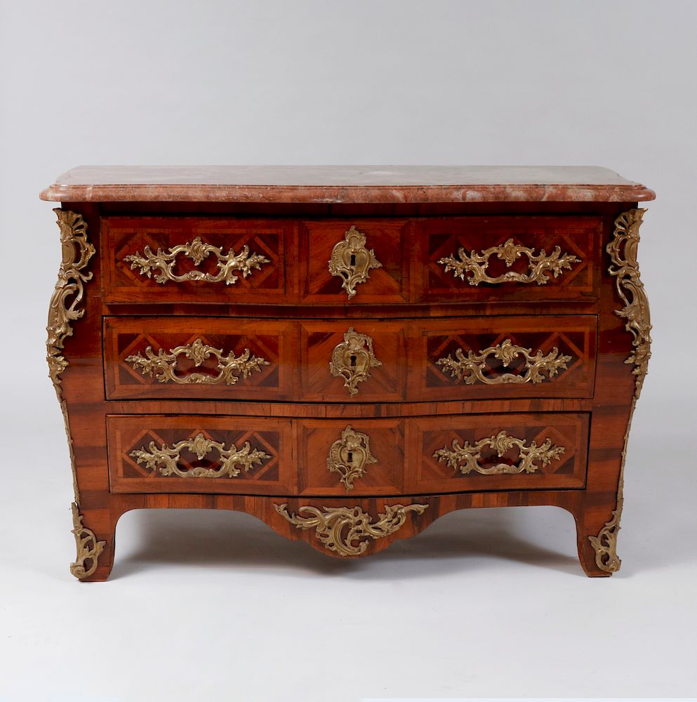 Appraisal: R gence Ormolu-Mounted Kingwood Parquetry Commode Fitted with marble top